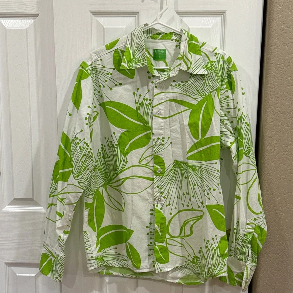 Report Collection - Trend Lime Green Floral Button-Up Shirt - size L - Picture 1 of 7